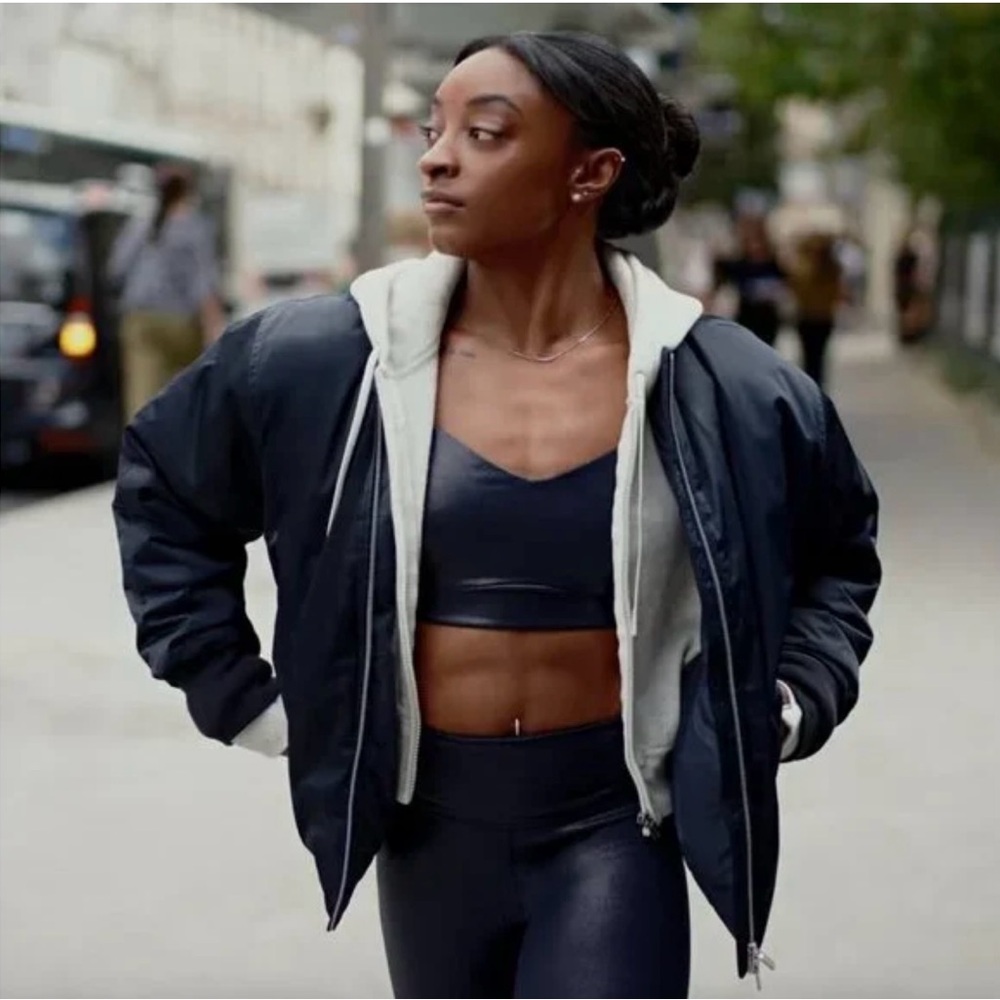 Athleta + Simone Biles Navy Sateen Bomber Jacket